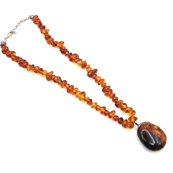 Vintage Baltic Amber Bead Necklace Sterling Silver 925 Oval Pendant Necklace - Picture 2 of 9